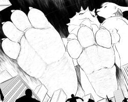 3_toes 4_toes anthro barefoot building ceratopsian city claws destruction dinosaur feet female first_person_view foot_focus giant_male giantess hadrosaurid hetero hi_res humanoid_feet imminent_crush imminent_destruction kaiju macro macro_female macro_male male male/female micro micro_ambiguous micro_on_macro monochrome ornithischian parasaurolophus reptile scalie soles solo street toes triceratops xtreme7