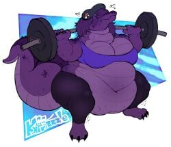 3_toes anthro beret big_belly big_breasts breasts chubby chubby_female crocodile crocodilian exercise fat female kafrizzzle overweight overweight_female purple_body purple_sports_bra purple_yoga_pants scalie sports_bra sweatdrop tagme weightlifting yoga_pants