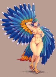 1girls abs absurdres arm_behind_head arm_up bird_girl blue_hair breasts clenched_teeth feathers female gammatelier green_hair hand_on_hip harpy highres looking_at_viewer monster_girl navel nipples nude original pose pubic_hair pussy red_eyes short_hair simple_background solo standing_on_one_leg talons thigh_gap two_tone_hair wide_hips wings