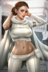 1girls alternate_breast_size attack_of_the_clones ayyasap breasts brown_eyes brown_hair female female_only large_breasts lucasfilm midriff navel nipple_bulge nipples_visible_through_clothing padme_amidala pinup pokies star_wars tied_hair torn_clothes