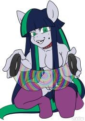 absurd_res bangs beauty_mark blue_hair braces breasts clothing collar crouching earth_pony english_text equid equine female genitals green_eyes green_hair hair hasbro hi_res horse hypnotic_visor hypnotizing_viewer kandlin legwear looking_at_viewer mammal my_little_pony pony pussy silvercomb_(oc) smile stockings straight_hair text text_on_eyewear