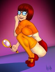 1girls ass athletic athletic_female black_eyes brown_hair bubble_butt crop_top female female_focus female_only freckles freckles_on_ass glasses hanna-barbera hydra-bomb magnifying_glass miniskirt nerd nerdy_female nude nude_female nudity pinup pinup_pose pose posing scooby-doo short_hair skirt solo tagme thighhighs underboob velma_dinkley wide_hips