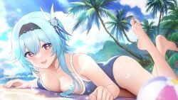 1girls animated aqua_hair ass bare_shoulders barefoot beach big_breasts blue_swimsuit blush breast_press breasts cleavage clouds collarbone competition_swimsuit eula_(genshin_impact) feet female female_only fukuro_ko_(greentea) genshin_impact hair_accessory hairband happy legs_up light-skinned_female long_hair looking_at_viewer lying lying_on_stomach no_sound on_stomach one-piece_swimsuit open_mouth open_smile outdoors outside palm_tree purple_eyes shorter_than_30_seconds sky smile soles solo swimsuit video wink winking