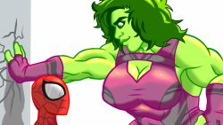 1boy 1girls big_breasts broken broken_wall female femdom gloves green-skinned_female green_body green_eyes green_hair green_skin hulk_(series) imminent_sex intimidation kabedon larger_female leotard looking_down looking_up male marvel marvel_comics muscular muscular_female papriko red_suit she-hulk shorter_male side_view size_difference spider-man spider-man_(series) straight straight_hair strong taller_girl tight_clothes tight_clothing