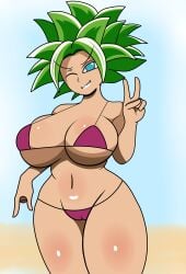 beach big_breasts bikini dragon_ball dragon_ball_super fusion huge_breasts kefla large_breasts legendary_super_saiyan maymayumi2 peace_sign potara_earrings smile super_saiyan super_saiyan_2 tagme v wink