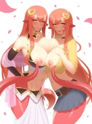 2girls blacksaikou breasts breasts_out choker daughter lamia miia's_mother_(monster_musume) miia_(monster_musume) monster_girl monster_musume_no_iru_nichijou mother mother_and_daughter multiple_girls nipples red_hair red_scales skirt tagme