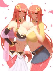 2girls blacksaikou choker daughter lamia miia's_mother_(monster_musume) miia_(monster_musume) monster_girl monster_musume_no_iru_nichijou mother mother_and_daughter multiple_girls nipple_peek red_hair red_scales skirt tagme