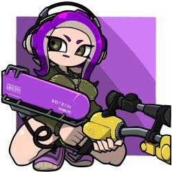 breasts brown_eyes flight_jacket headphones holding_weapon light_skin octoling octoling_girl omoitukan2 pink_shoes purple_hair splatoon squatting tentacle_hair tight_clothing undershirt