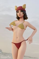 1girls 3d beach bikini bikini_top blender blue_eyes breasts brown_hair clothed female fortnite gzarfx light-skinned_female light_skin nipples public small_breasts solo watermark