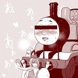 1girls amazon_(taitaitaira) anthro bar_censor blush censored crossover dress drooling groping ground_vehicle heart hetero identity_censor japanese_text locomotive monochrome multicolored_hair pointless_censoring sexually_suggestive shawl steam_locomotive tagme thomas_and_friends thomas_the_tank_engine toramaru_shou touhou train trembling two-tone_hair uncommon_stimulation what