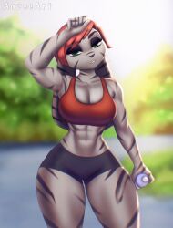 2022 abs anthro aozee artist_name athletic athletic_female beverage big_breasts black_nose black_pupils black_stripes breasts cleavage commission female female_only furry furry_female furry_only green_eyes green_iris grey_body hair hare lagomorph lagomorph_humanoid lia_paddyhat_(secondarytype) looking_at_viewer mammal mammal_humanoid navel no_humans outside rabbit rabbit_humanoid red_bra red_hair red_sports_bra short_hair solo solo_female sports_bra sports_shorts sportswear striped_body tagme teeth voluptuous water_bottle white_sclera