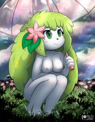 anthro anthrofied blush breasts eyelashes female flower flower_in_hair green_eyes green_hair hair legendary_pokemon nude pokémon_(species) pokemon pokemon_(species) rilex_lenov shaymin solo umbrella