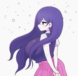 big_breasts blush clarevoir clothes hands_behind_back huge_breasts long_hair mari_(omori) mob_face omori purple_eyes purple_hair sfw skirt smile suggestive white_background