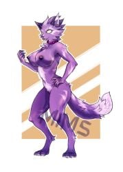 anthro asuri_(brawlhalla) big_breasts brawlhalla breasts empty_eyes felid feline female fluffy fluffy_tail fur genitals hands_on_hips hi_res jewelry mammal mimsy navel necklace nipples nude pantherine purple_body purple_fur pussy signature simple_background solo thick_thighs tiger wide_hips