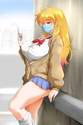 1girls big_breasts blonde_female blonde_hair clothed_female facemask female female_only kimmy77 long_hair long_hair_female phone red_eyes rwby solo_female yang_xiao_long