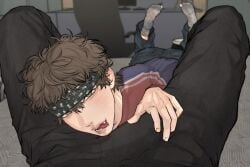 2boys auebumbum bandana boner boner_in_pants boner_under_clothes brown_hair clothed clothing computer crotch fang feet fully_clothed gay green_eyes male male/male male_focus male_only male_pov oc original_character original_characters pants pov pov_crotch pov_male skull_print socks thighs tongue tongue_out yaoi
