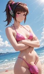 1futa ai_generated balls beach bikini breasts brown_eyes brown_hair bulge cowboy_shot crossed_arms d.va dickgirl flaccid futa_only futanari intersex jamesbron long_hair looking_at_viewer navel overwatch penis penis_bulge penis_in_bikini penis_in_panties penis_peek pink_bikini ponytail skinny small_breasts solo solo_futa swimwear thighs wide_hips