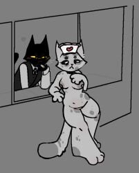 animal_hospital before_sex black_fur boobs casual_nudity cat_tail duo_focus furry head_nurse_(animal_hospital) mammal naked paws public public_nudity roblox roblox_game secret_agent_(animal_hospital) sketch smoking tired white_fur