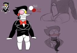 badkat03 big_head black_hair black_tongue bottomless bowtie deltarune deltarune_chapter_2 erection genitals glasses long_tongue male male_only non-human penis reference_image reference_sheet simple_background sketch smiling solid_color_background solo spamton_g_spamton suit tentacle tentacle_tongue toony white_body