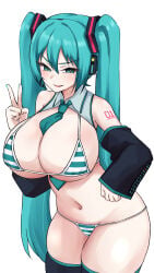 aqua_nails blush breasts cleavage collared_bikini female female_only hand_on_hip hatsune_miku hatsune_miku_(collared_bikini) huge_breasts mature naughty_face open_mouth smile thick_thighs thighhighs v v-shaped_eyebrows vocaloid wide_hips