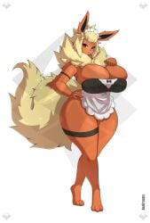akaryuuseif anthro big_breasts breasts_bigger_than_head curvy_female curvy_figure eeveelution female female_anthro female_only flareon furry furry_ears furry_female furry_tail hips_wider_than_shoulders hourglass_figure maid maid_headdress maid_outfit maid_uniform orange_fur pokemon pokemon_(species) pokemon_rgby simple_background thick_thighs two-tone_fur wide_hips yellow_fur