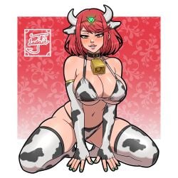 bikini breasts choker cow_print cowbell detached_sleeves earrings fake_ears fake_horns jayladair kneeling large_breasts painted_nails pyra red_eyes red_hair thighhighs thighs xenoblade_(series) xenoblade_chronicles_2