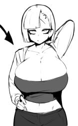 1girls blue_hair breasts cleavage demon_tail gore guro hokkairo huge_breasts imminent_death imminent_guro jacket monochrome navel parted_bangs short_hair simple_background snuff tube_top
