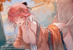 1boy 1girl 2026 ai_generated ass bent_over blush braid breasts breasts_out changli_(wuthering_waves) clothed_female_nude_male clothed_sex cocomiyart collarbone doggystyle hair_ornament hanging_breasts hetero highres japanese_clothes kimono large_breasts long_hair multicolored_hair navel nipples nsfw nude one_eye_closed open_mouth orange_kimono outdoors pink_hair sex sex_from_behind solo_focus torso_grab uncensored water white_hair wuthering_waves yellow_eyes