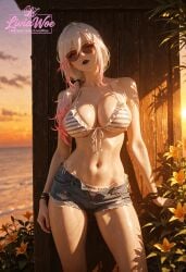 1girl ai_generated beach blue_eyes cleavage denim_shorts detailed_body exposed golden_hour huge_breasts liviawoe long_hair looking_at_viewer midriff oiled_body original_character pink_tips seductive_smile shiny_skin solo striped_bikini sunglasses sunlight sunset sweat wet_skin white_hair