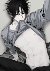 1boy abs beauty_mark biting_shirt black_eyes black_hair boxers clothed clothing ear_piercing earring earrings gray_shirt grey_shirt male male_only male_solo mole_under_eye nipples oc original_character pale-skinned_male pale_skin piercing pink_nipples questionable shirt_lift shirt_up solo solo_male sweatdrop