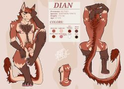 2024 4_toes absurd_res anthro armpit_hair body_hair chest_hair dian dian_(dian) english_text fangs feet flaccid fur genitals hair hi_res male mammal model_sheet paws penis pubes red_body red_fur red_hair signature solo spots tail tail_tuft tattoo teeth text tipiets toes tuft