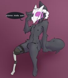 amputee anthro black_body black_fur canid canine dialogue disability fox fur goo_(disambiguation) hair hi_res humanoid laik_(notsafeforweh) male male_only mammal mask nipples notsafeforweh open_mouth prosthetic prosthetic_limb sitting solo symbiote text white_hair