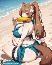 ai_generated all_fours animal_ear_fluff animal_ears anime anime_style artist_name bare_shoulders beach bikini blue_bikini breasts brown_hair cleavage closed_mouth collarbone eating female flower hair_flower hair_ornament hentai hi_res long_hair looking_at_viewer navel patreon patreon_username pink_eyes ponytail raccoon_ears raccoon_girl raccoon_tail raphtalia smile solo swimsuit tail tate_no_yuusha_no_nariagari the_rising_of_the_shield_hero thigh_strap very_long_hair