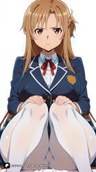 1girl ai_generated artist_name asuna_(sao) asuna_yuuki blazer braid breasts brown_eyes brown_hair cameltoe covered_nipples hands_on_own_knees jacket large_breasts long_hair long_sleeves looking_at_viewer panties panties_under_pantyhose pantyhose patreon pout questionable ribbon school_uniform senpai_pixels shirt simple_background sitting skirt solo sword_art_online underwear white_background white_pantyhose white_shirt yuuki_asuna