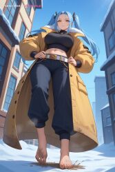1girl ai_assisted ai_generated barefeet belt big_feet black_pants city dark_skin dirty_feet fire_emblem fire_emblem_fates from_below full_body hands_on_hips large_breasts light_blue_hair long_sleeves long_toes looking_at_viewer looking_at_you navel presenting_foot puffy_jacket snow sole_focus solo source_anime standing standing_on_one_leg stinky_feet sweaty_feet twintails yellow_jacket