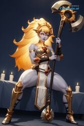 1girl ai_assisted ai_generated alternate_costume anime_screenshot armor armored_boots axe backlighting bare_shoulders barefoot belt black_background black_gloves blonde_hair bodysuit boots breastplate cameltoe candle_light candles clenched_hand closed_mouth clothing_cutout colored_skin contrapposto covered_erect_nipples dark_room dota_2 fingerless_gloves fishnets full_body gauntlets gloves glowing gradient gradient_background grey_background half_closed_eyes hammer headgear helmet highres holding holding_staff holding_weapon hotel_room jewelry large leotard lips loincloth long_hair looking_at_viewer lying_on_back mask masturbating medium navel night no_pupils official_alternate_costume on_bed parted_lips pauldrons ponytail revealing_clothes rubbing_crotch shadow shield shoulder_armor shy simple_background small_breasts solo source_anime spread_legs staff standing thick_thighs thighs valora_the_dawnbreaker viewed_from_below weapon white_eyes white_hair wide_hips window yellow_eyes