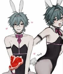 1boy beauty_mark bunny_costume bunny_ears bunnysuit earring emoji femboy genshin_impact lohen_(genshin_impact) male_focus male_only male_solo meat mole mole_under_eye questionable rabbit_hole_(cosplay) solo solo_male sweat teal_hair twink