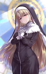 1girls bangs black_dress blonde_hair blurry blurry_background blush breasts brown_eyes capelet closed_mouth cowboy_shot daishippai dress eyebrows_visible_through_hair female female_only gloves habit half-closed_eyes highres large_breasts light_brown_hair long_hair long_sleeves looking_at_viewer neck_ribbon nijisanji nun own_hands_clasped own_hands_together parted_bangs ribbon sister_cleaire smile solo standing very_long_hair virtual_youtuber white_capelet white_gloves white_ribbon