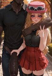 1boy 1girl ai_generated arm_around_neck arm_around_shoulder artist_name bare_arms bare_shoulders black_shirt black_thighhighs blonde_hair blue_eyes blurry_background blush breasts closed_mouth clothing collared_shirt cowboy_shot dark-skinned_male dark_penis dark_skin day eyeshadow eyewear_on_head eyewear_on_headwear female fingernails hand_up handjob hat head_out_of_frame height_difference hetero huge_penis interracial large_penis long_hair looking_at_viewer low-tied_long_hair makeup male manly medium_breasts miniskirt muscular muscular_male nail_polish open_fly open_pants outdoors pants penis penis_grab penis_out pink_headwear pink_nails pleated_skirt pokemon red_nails red_skirt serena_(pokemon) shirt short_sleeves skirt sleeveless sleeveless_shirt smile solo_focus standing sunglasses testicles thighhighs v vantawaifu veins veiny_arms veiny_penis very_dark_skin white-framed_eyewear zettai_ryouiki