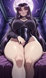 1girls ai_generated big_breasts black_hair breasts busty curvy female goth huge_ass huge_breasts human light_skin long_hair low-angle_view pale pale-skinned pandora_(saint_seiya) pixai pov purple_eyes saint_seiya solo thicc thick_thighs villainess