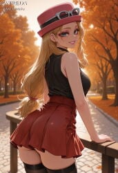1girl ai_generated artist_name ass autumn autumn_leaves bare_arms bare_shoulders black_shirt black_thighhighs blonde_hair blue_eyes blurry_background breasts clothing cowboy_shot earrings eyeshadow eyewear_on_head eyewear_on_headwear female from_behind grin hat high-waist_skirt jewelry large_breasts legwear lipstick long_hair looking_at_viewer looking_back low-tied_long_hair makeup miniskirt outdoors park patreon_username pink_headwear pleated_skirt pokemon red_skirt serena_(pokemon) shirt skirt sleeveless sleeveless_shirt smile solo standing sunglasses thighhighs thighs tree vantawaifu white-framed_eyewear zettai_ryouiki