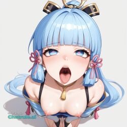 1girl ahegao_face ai_assisted ai_generated arm_guards armored_dress blue_eyes blunt_bangs breastplate bridal_gauntlets cleavage detailed_face flower_knot genshin_impact hair_ornament hair_ribbon high_angle huge_eyes japanese_armor japanese_clothes kamisato_ayaka light_blue_hair long_hair medium_breasts naked neck_tassel petite_breasts pink_ribbon ponytail small_breasts visible_breasts visible_nipples