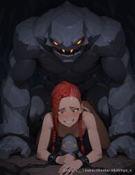 1boy 1girl ai_generated all_fours bestiality blush braid broken chain cuffs doggystyle explicit forehead golem grin hetero long_hair monster muscular nude nyx_x orange_eyes rape red_eyes red_hair sex sex_from_behind shackles size_difference smile sweat teeth twin_braids web_address