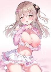 1girl arm_support blouse blouse_lift blush bra breast_suppress breasts breasts_out brown_hair cameltoe clothed cum cum_on_belly cum_on_body cum_on_face cum_on_hair cum_on_head cum_on_thighs hair_ornament hair_ribbon highres lace lace-trimmed_bra lace_bra lace_trim lactation large_breasts long_hair nipple_slip nipples no_panties original pussy shiono_(0303) shirt shirt_lift sitting skirt straight_hair thighhighs uncensored