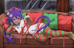 before_sex bell bell_collar belly belly_button big_ass blue_eyes bow cat_ears cat_girl cat_tail catgirl christmas christmas_clothing christmas_outfit collar couch female female_focus female_only fur girl green laying_down multicolored_eyes night pillow pillows purple_hair rain raining red redtotless_(vtuber)_eyes ribbon ribbon_bondage ribbons skull skull_hair_ornament small_breasts stockings teasing totless_(vtuber) tsuki_kimura virtual_youtuber vrchat vrchat_avatar vtuber wide_hips