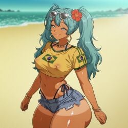 1girls 2026 ai_generated aqua_hair ass beach belly big_ass big_breasts blue_thong brazilian_miku breasts denim denim_shorts emibob female hatsune_miku highleg highleg_thong hourglass_figure hourglass_figured_female jean_shorts long_hair looking_away meme micro_shorts navel nipple_bulge nipples nipples_visible_through_clothing outdoors outside short_shorts shorts smile smiling solo standing sunglasses sunglasses_on_forehead tan tan-skinned_female tan_body tan_skin tanline tanlines tanned tanned_skin thick_thighs thighs thong top topwear twintails vocaloid wide_hips yellow_top yellow_topwear