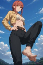 1girl ai_assisted ai_generated barefeet belt big_feet bikini black_pants braided_ponytail chainsaw_man dark_skin dirty_feet from_below full_body hands_on_hips long_sleeves long_toes looking_at_viewer makima_(chainsaw_man) navel presenting_foot red_hair ringed_eyes sole_focus source_anime standing standing_on_one_leg stinky_feet sweaty_feet twintails yellow_jacket