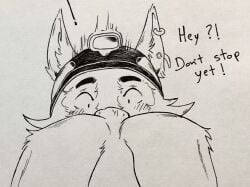 anal anthro anus blush bug_eater butt canid canine canis duo ear_piercing epic_games facial_piercing fortnite headgear male male/male mammal oral piercing procyonid raccoon rimming ring_piercing rufus_(fortnite) sex surprised text traditional_media_(artwork) wendell_(fortnite) wolf