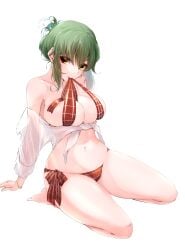 1girl 1girls arm_support bare_legs bare_shoulders bare_thighs belly belly_button big_breasts bikini bikini_bottom bikini_top blush blushing blushing_at_viewer bracelet breasts cleavage clothes_between_breasts clothes_in_mouth curvy curvy_figure ear_piercing ear_ring earrings green_eyes hi_res high_resolution highres jewelry kazami_yuuka large_breasts long_sleeves looking_at_viewer mouth_hold navel open_shirt plaid plaid_clothes plaid_panties plaid_topwear plaid_underwear ribbon ribbon_bra ribbon_in_mouth seaside see-through see-through_clothes see-through_clothing see-through_shirt seiza shirt short_hair side-tie_bikini side_tie_bikini_bottom side_tie_panties simple_background sitting skindentation solo solo_female solo_focus stomach swimsuit swimwear thick_thighs thighs tied_hair tied_shirt touhou untied_bikini white_background wide_hips wide_thighs wristband yellow_eyes yuka_kazami yuuka_kazami