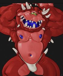 1_eye absurd_res belly blue_mouth blue_navel blue_nipples blue_tongue bulge cacodemon clothing demon doom_(series) fangs green_eyes hands_behind_head happy hi_res horn humanoid id_software male microsoft musclegut muscular muscular_arms muscular_male nipples not_furry pecs pink_belly pinup pose ravuer red_body sharp_teeth showing_armpit simple_background slightly_chubby slightly_chubby_male smile solo standing teeth thong tongue tusks underwear
